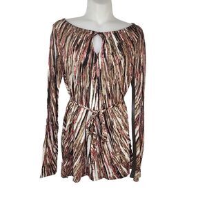 Ann Taylor Womens Top Medium Brown Pink White Keyhole Long-Sleeve Lyocell Belt